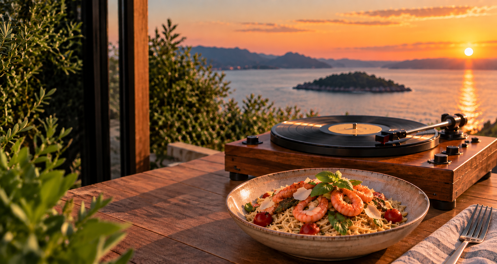 Gedekte houten tafel met een pastagerecht met garnalen en een platenspeler bij zonsondergang aan de kust